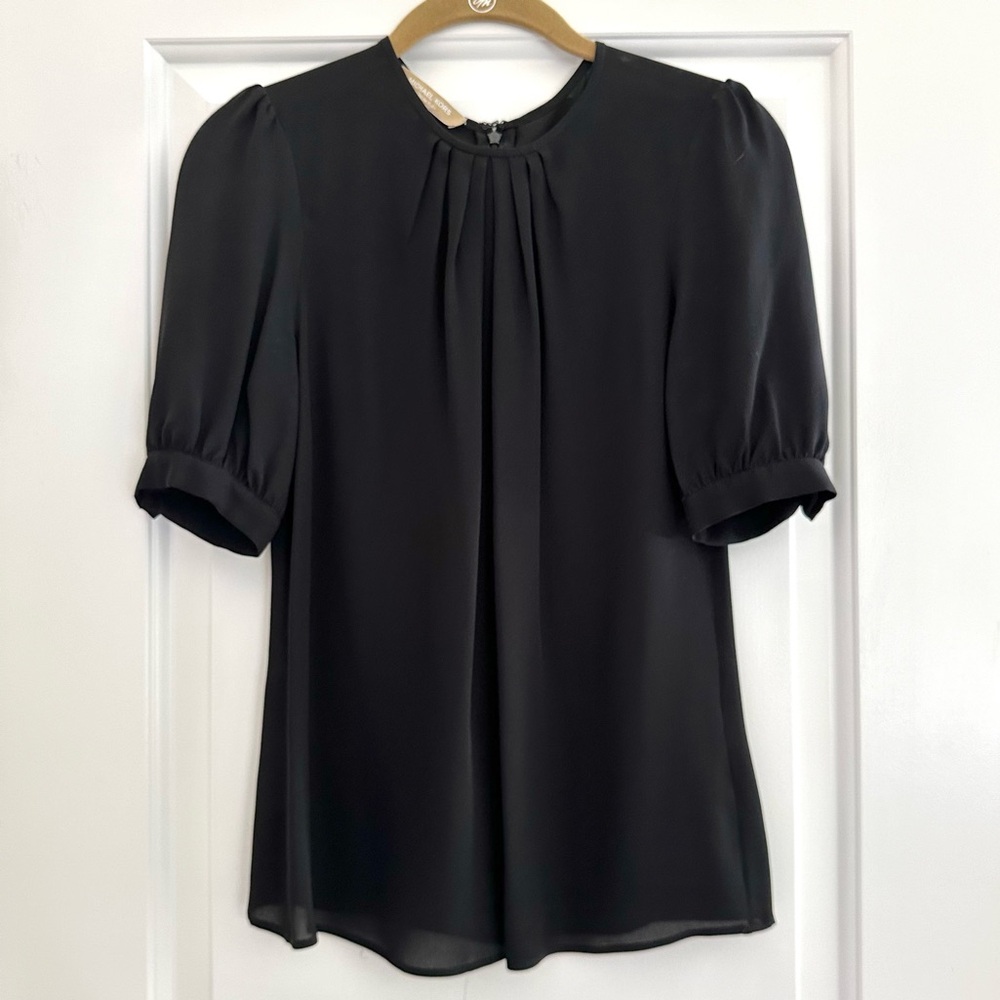 Michael Kors Collection Ruched Crew Neck Puff Short Sleeve Blouse